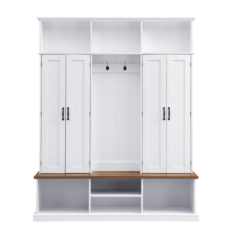 Farmhouse Entryway Hall Tree with Bench, 3 Top Cubbies & Bottom Storage Space, Farmhouse Coat Rack with Hooks & Cabinets for Entryway, Hallway, Mudroom, Living Room