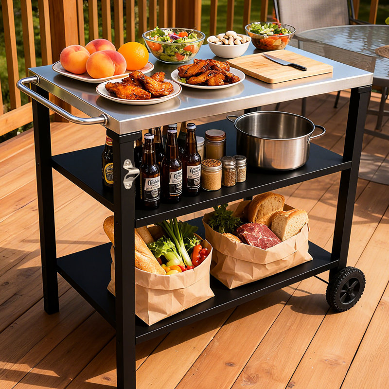 Chariot de barbecue extérieur à 3 niveaux avec surface en acier inoxydable, roues de table de préparation barbecue, barre de service roulante pour patio et cour arrière, support de four à pizza en noir, construction, grand rangement, stable