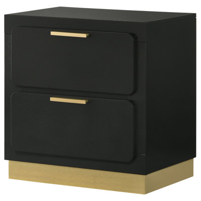 Caer Nightstand, 2 Drawers, Gold Accent Recessed Base, Bar Handles by Benjara