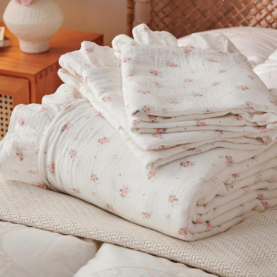 Musselin Bedding Linen Duvet Cover Cotton Pink White Flower With Ruffled Edges
