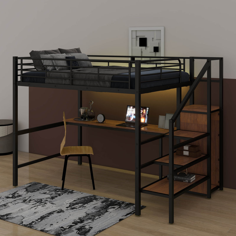 Full Size Metal Loft Bed With Desk, Storage Staircase And LED Light, Black