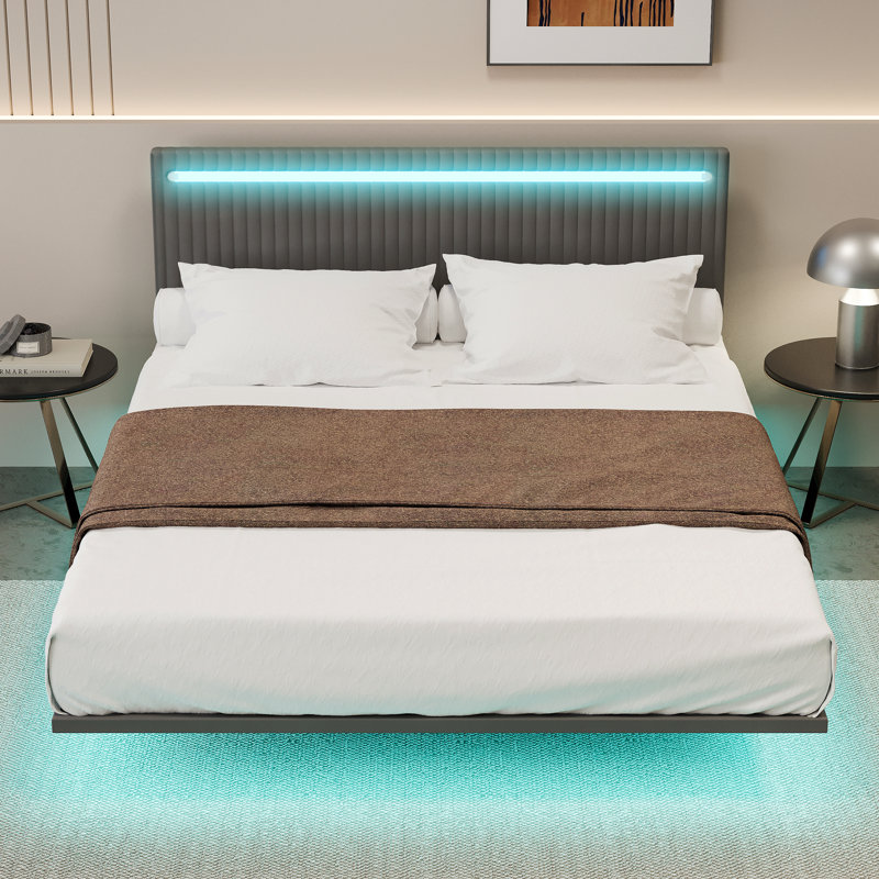 Velvet Fabric Floating Bed Frame with LED Lights, Queen, Grey