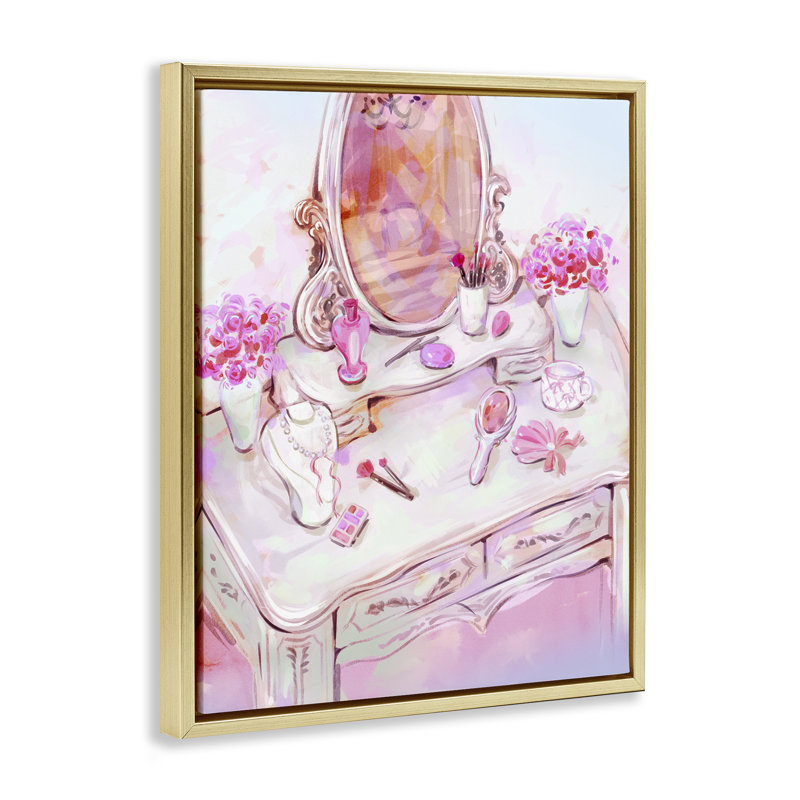 Cadre flottant rose pastel avec vue de coiffeuse, design par Ziwei Li, H 31 po x l 25 po, Cadre flottant métallique doré