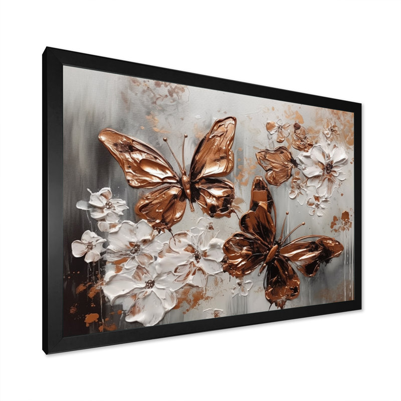 Rouzer Gold Butterfly Wings and Flowers II sur toile, H 16 po x l 32 po x P 1 po, Cadre photo noir