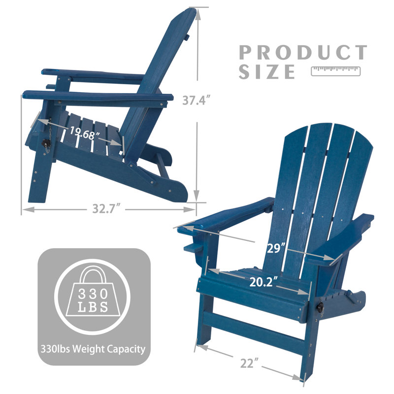  Folding Adirondack Chair Patio Outdoor Chairs HDPE Plastic Resin Deck Chair, Navy Blue