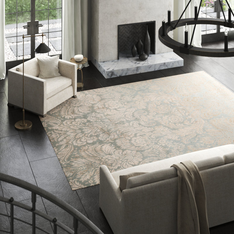 Himalayan Art Damask Area Rug in Blue, Rectangle 6'3" x 9'1"