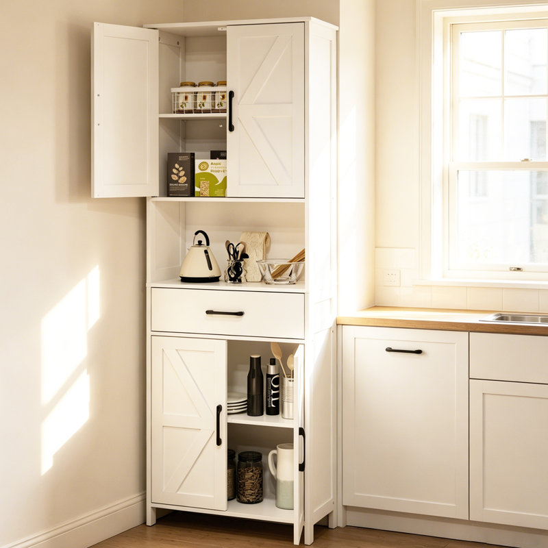 66.9" Tall Freestanding White Linen Cabinet with 2 Upper Doors, 1 Large Drawer, 1 Open Shelves & 2 Lower Doors –Adjustable Shelves，White Bathroom Storage Cabinet