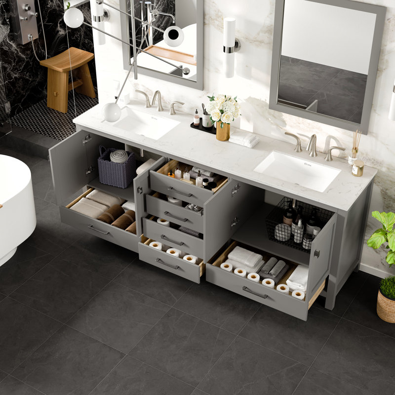 Minnich 84"W x 22"D Double Sink Bathroom Vanity with Undermount Porcelain Sink, Gray, Quartz - White Carrara