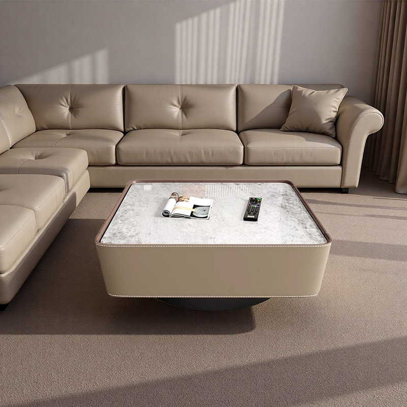 Luxury-Style Leather Rock-Style Tea Table, 13.8" H x 31.5" L x 31.5" W