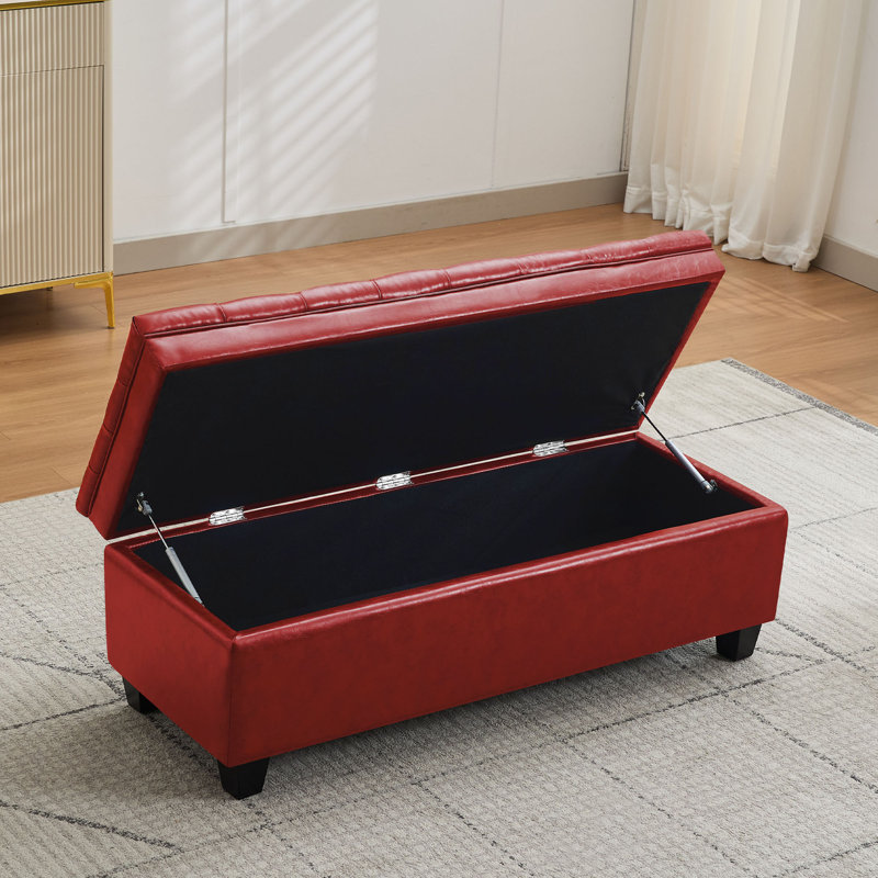 51" W Linen Upholstered Flip Top Storage Bench, PU Red