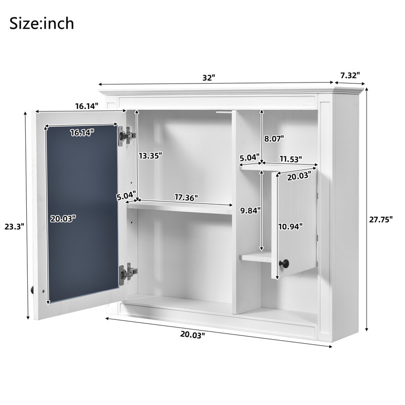32"W 7"D Mirror Cabinet With Multi-Storage And Adjustable Inner Shelf