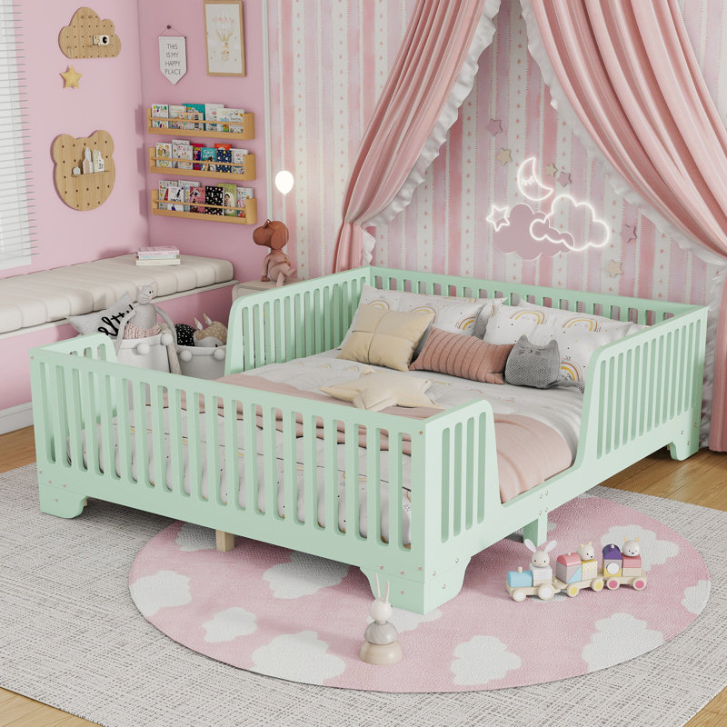 Full Montessori Floor Bed with Door & Rails, Low-Profile Kids Floor Bed with Slats, No Box Spring Needed,Mint Green, Full