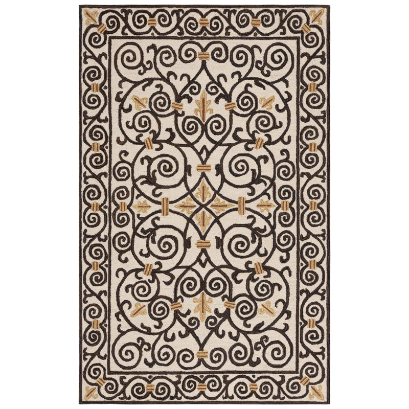 Helena Oriental Hand Hooked Wool Ivory / Dark Brown Area Rug, Rectangle 5'3" x 8'3"