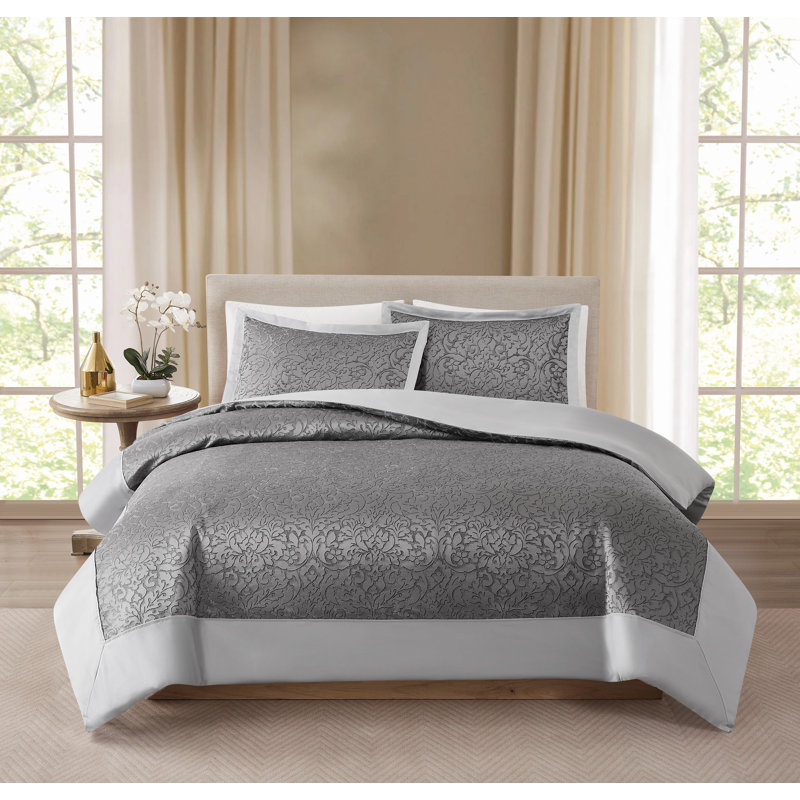 Borghese Roma Coventry Jacquard Comforter Set – Luxury Textured Bedding with Microfiber Reverse, Grey, Queen