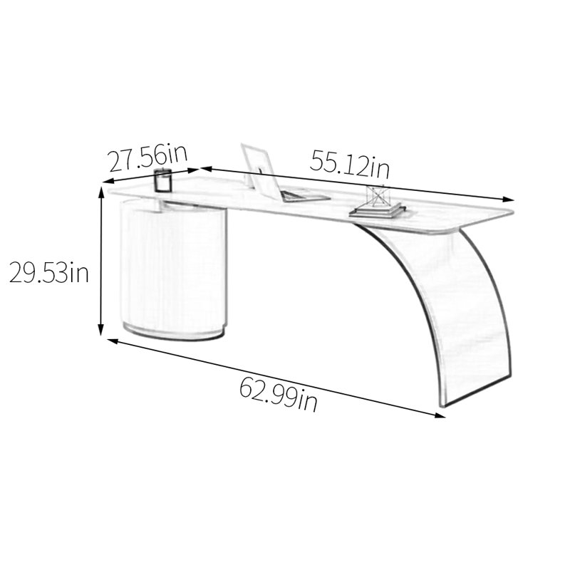 Bureau en pierre frittée minimaliste, H 29,53 po x l 62,99 po x P 27,56 po, Doré / Blanc