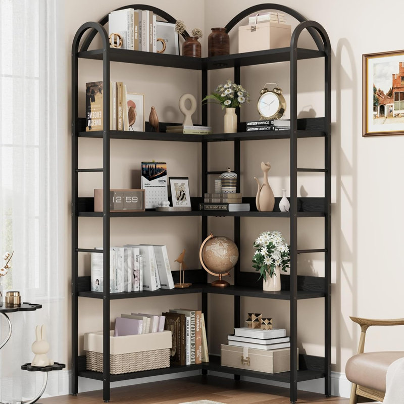 5-Tier Corner Bookshelf with Arched Metal Frame, Industrial L-Shaped Bookcase with Wood and Metal Open Storage Bookcase for Living Room/Bedroom/Kitchen/Home Office