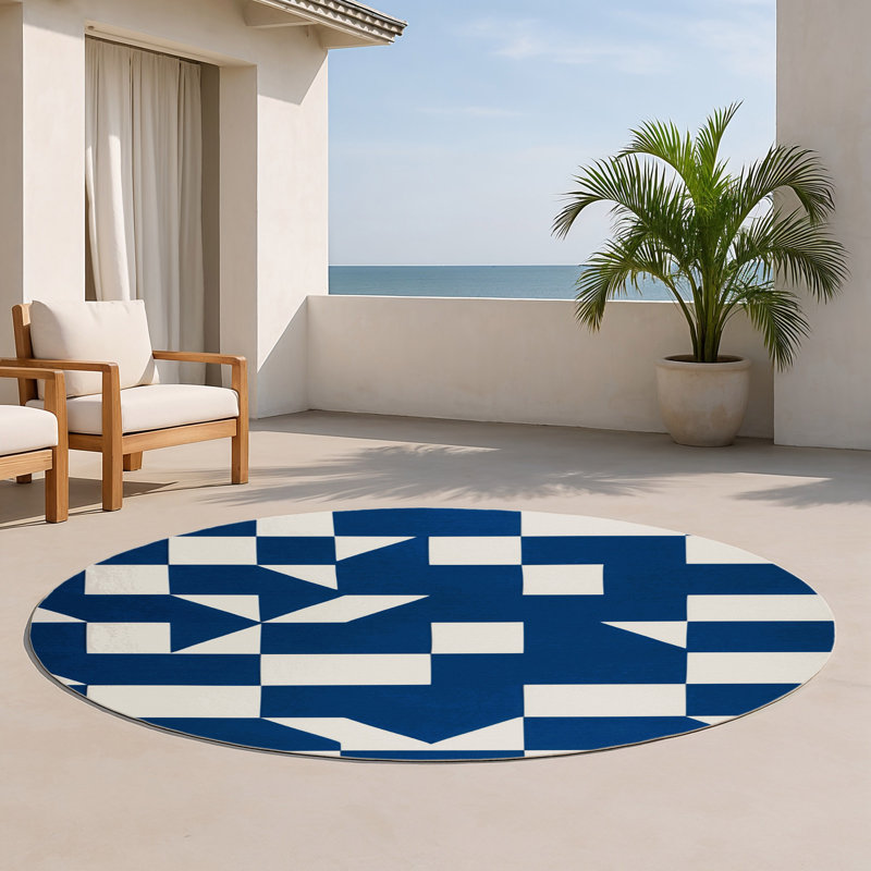Tapis d'intérieur et d'extérieur à carreaux bleu, Rond 5 pi