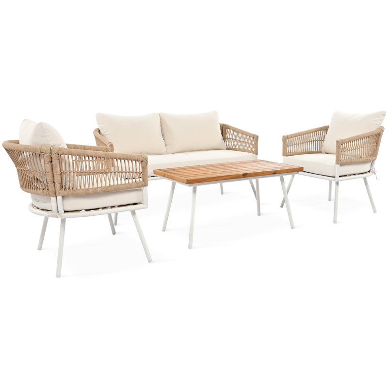 Ensemble de conversation et de patio beige avec sièges et décor grande capacité - 4 pièces en bois et housses