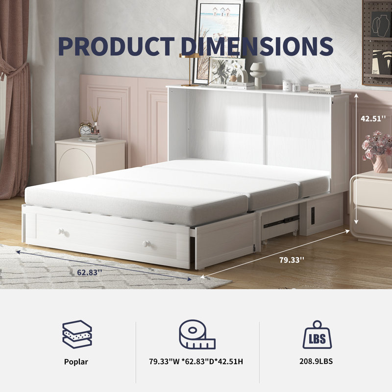 Queen Murphy Bed Cabinet with USB & Storage, Foldable Mattress for Guest Room, White