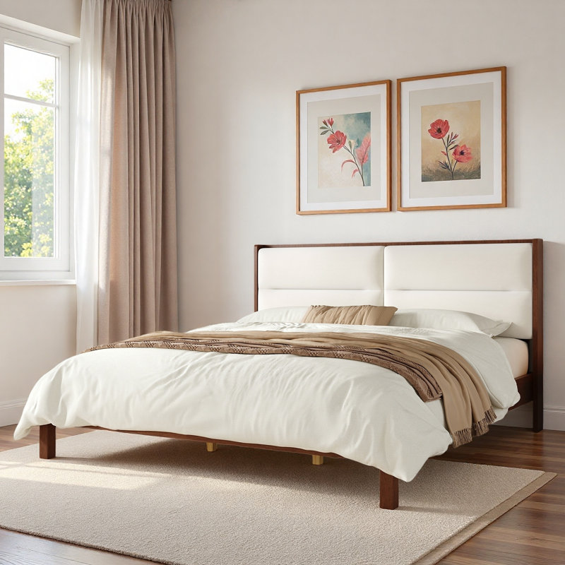 Lit plateforme en bois avec tête de lit tapissier en velours, Espresso, Très grand lit