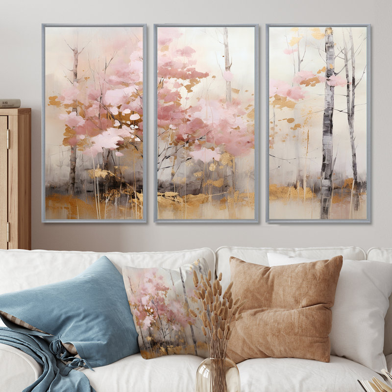Minimalisme, forêt rose et or - ensemble d'art mural sur toile forêt, H 28 po x l 36 po x P 1 po, Encadrement argenté