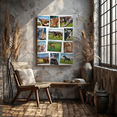 Toile Un collage fantaisiste d'animaux de ferme avec une variété de textures et de couleurs d'art mural, y compris des mollets des Highlands