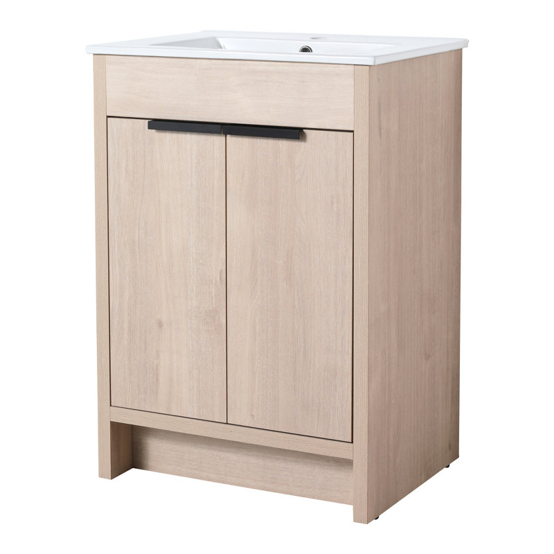 Meuble-lavabo autoportant de 24 po, 2 portes à fermeture douce, chêne brut, contreplaqué, tablettes réglables pour meuble-lavabo élégant, fascinant