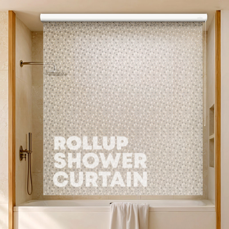 JAKOOZ Ceiling Mounted Rollup Bathroom Shower Curtain/Liner 56" Base – Up to 95" Long - Use for 9' Ceilings – Waterproof PEVA – Plastic Shower Curtains for Bathroom – No Rod, Hooks or Rings (Sparkle)