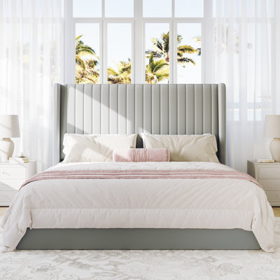 Velvet Hydraulic Lift Up Storage Upholstered Platform Bed With Wooden Slats And Vertical Stripes Wingback Headboard
