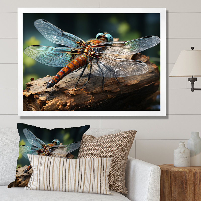 «Teal Dragonfly Portrait II», reproduction d'art sur toile, H 16 po x l 32 po x P 1 po, Cadre photo blanc