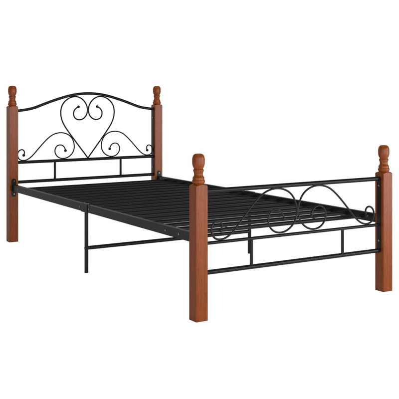 Rosalind Wheeler Bed Frame Black Metal, 120 x 200 cm, Dark Wood