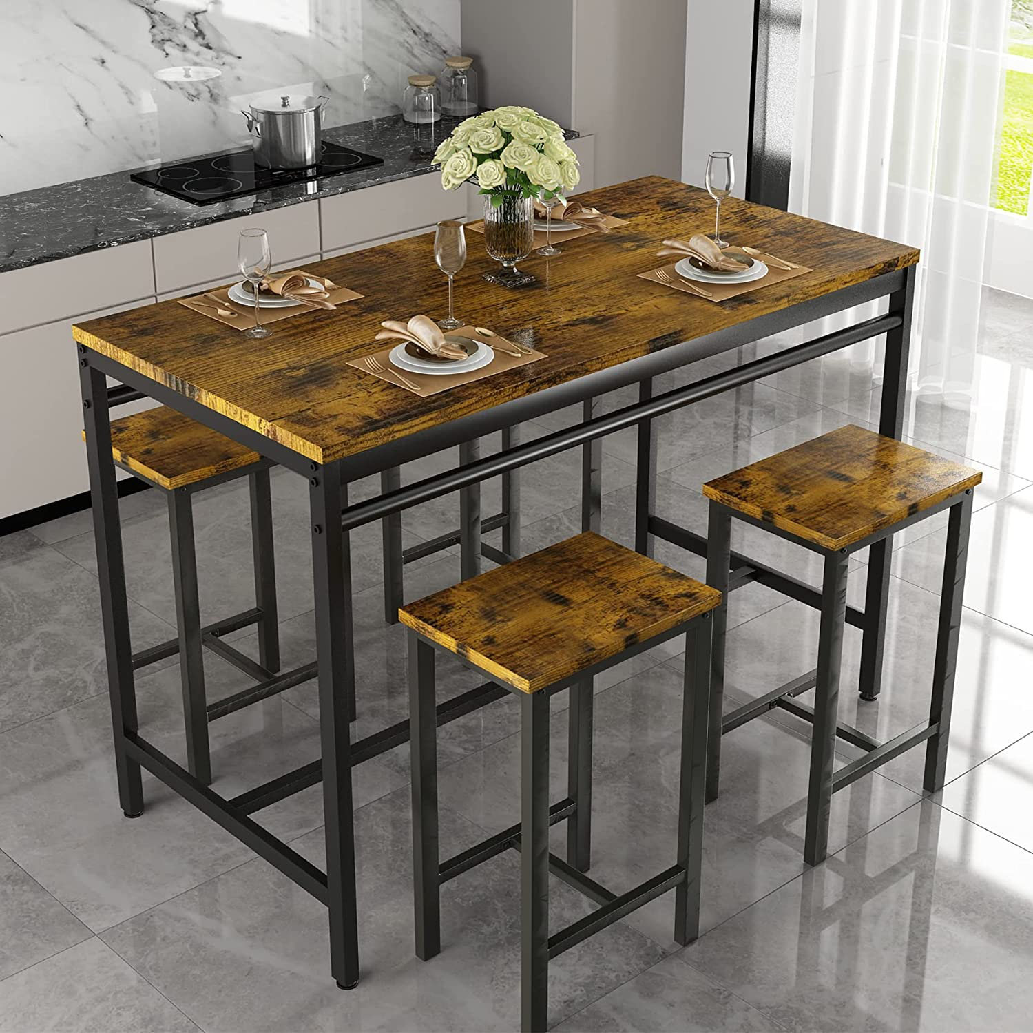 17 Stories Contemporary Style 5 Piece Dining Table Set With 4 Stools ...