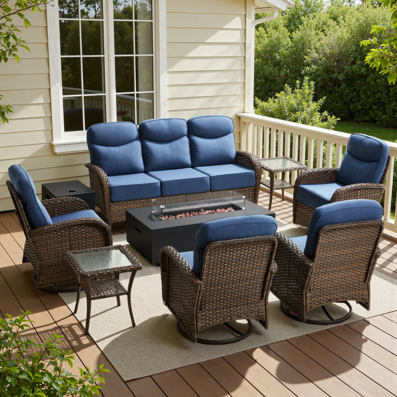 8- Piece Outdoor Porch Sofa Conversation Set With Split-Type Fire Pit Table & Swivel Chairs, Blue