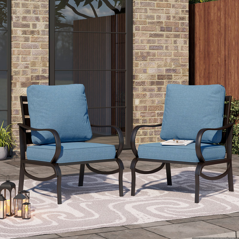 Argirios Metal Patio Chair with Cushions(Set of 2), Denim Blue