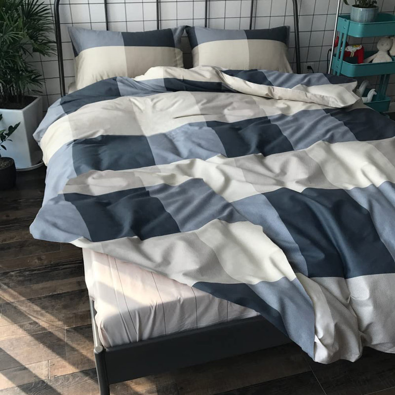 Modern Gray and Beige Cotton Plaid Queen Duvet Cover Set