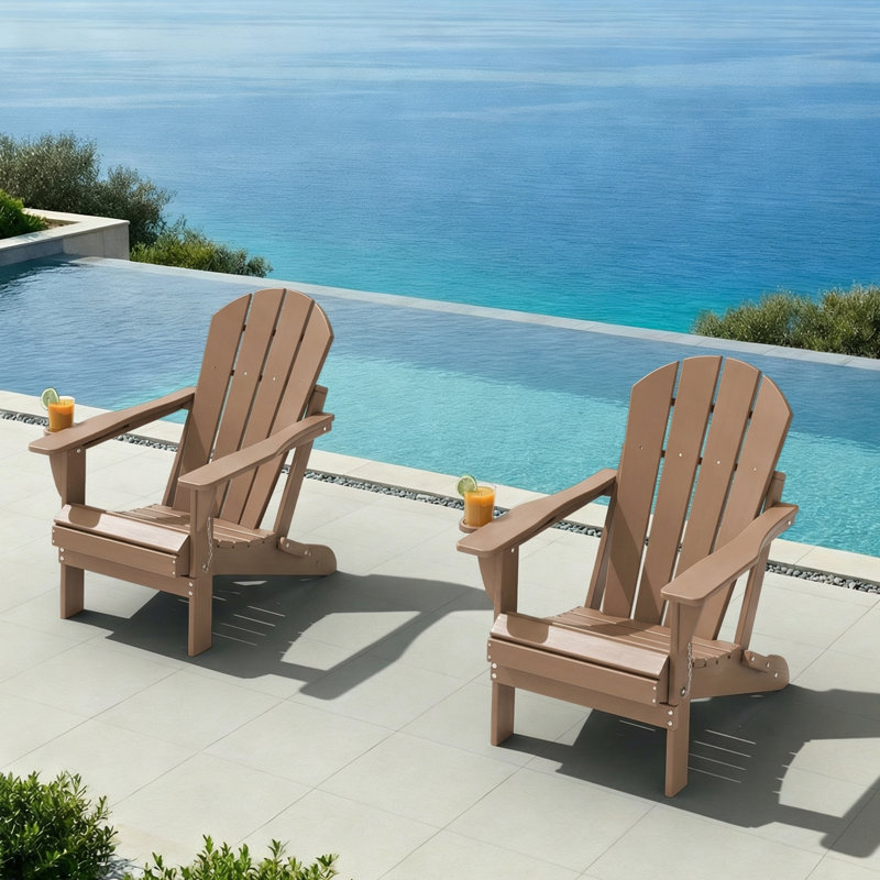Outdoor Foldable Adirondack Chair Set HDPE Fire Pit Chair Weather Resistant, Teak
