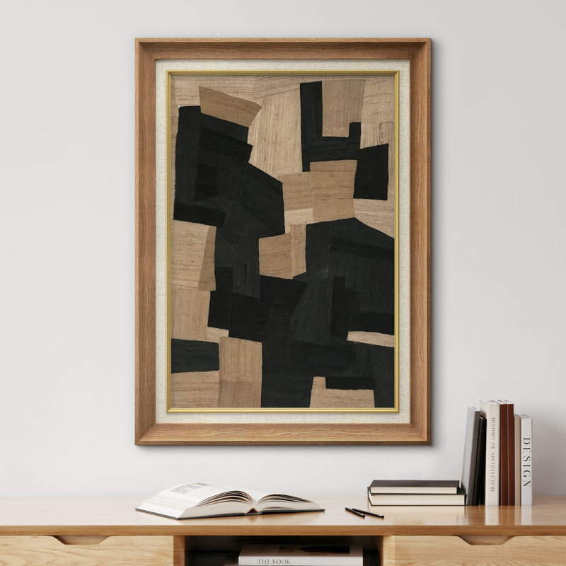 «Neutral Abstract Blocks in Black and Beige Modern Composition», reproduction d'art sur toile encadrée