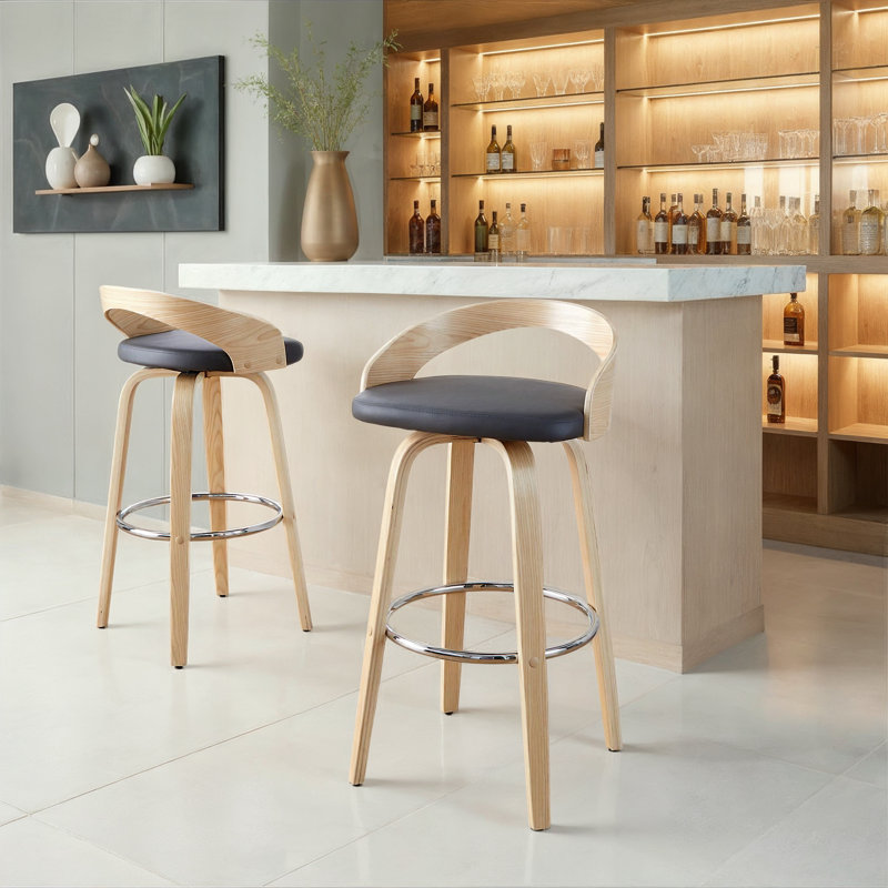 Laurenzio Fixed-Height Bar & Counter Stools with Bent Wood Legs & Round Footrest (Set of 2), Natural/Chrome