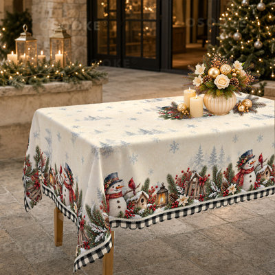 Christmas Snowman and Santa Tablecloth with Cottage Border Print and Check Trim