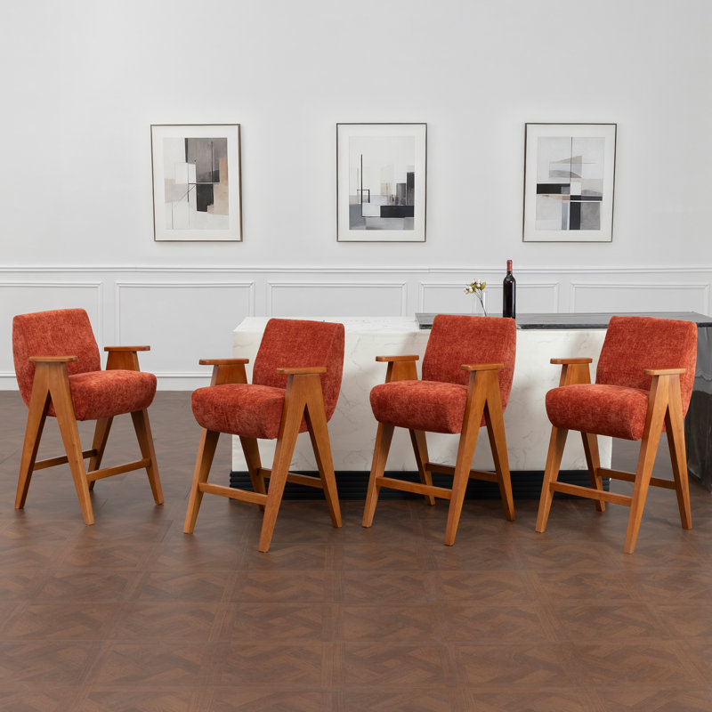Mid-Century Upholstered Counter Bar Stool With Arms And Wooden Legs, Orange
