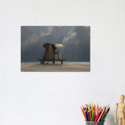 Elephant and Dog Sit Under the Rain 1 Piece Wrapped Canvas Wall Art