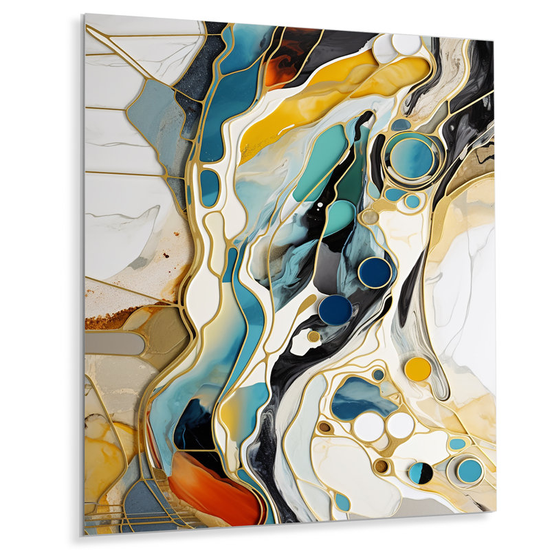 «Blue and Yellow», encre liquide abstraite Harmony III - encre liquide, art mural abstrait en métal