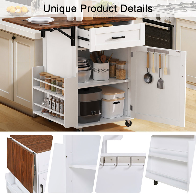 39.3" Farmhouse Kitchen Island With Drop Leaf, White