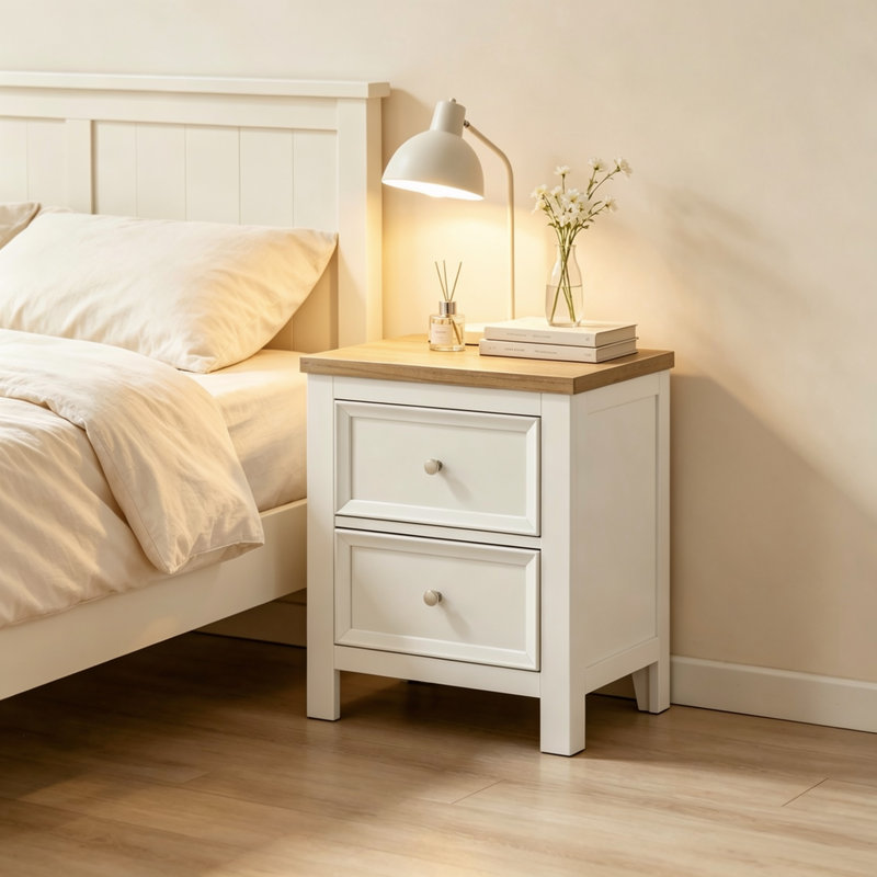 Table de chevet contemporaine en bois deux tons avec finition blanche et brune, deux tiroirs de rangement avec quincaillerie à glissière centrale pour le rangement dans la chambre à coucher