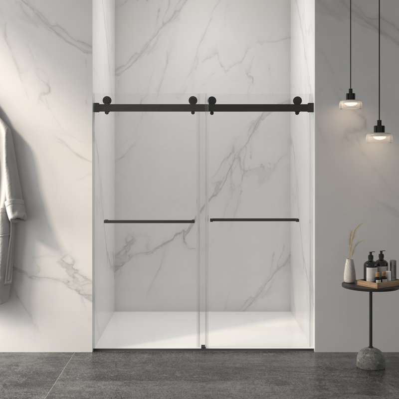56-60"W x 70"H Frameless Double Sliding Shower Door,5/16" (8mm) Thick SGCC Tempered Clear Glass,Double Side Easy Clean Coat, Matte Black Finished With Buffer