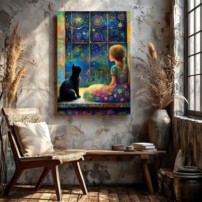 Girl Cat Window Starry Night Sky Colorful Fantasy Canvas Wall Art Print, Coordinated Color Fantasy Poster Artwork For Living Room Decor, Gallery Wall Accent, Modern Home Decor