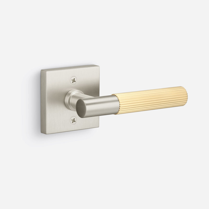 Fausse rosette carrée Aspra, poignée droite moletée, Nickel satiné / laiton satiné, Faux bouton simple