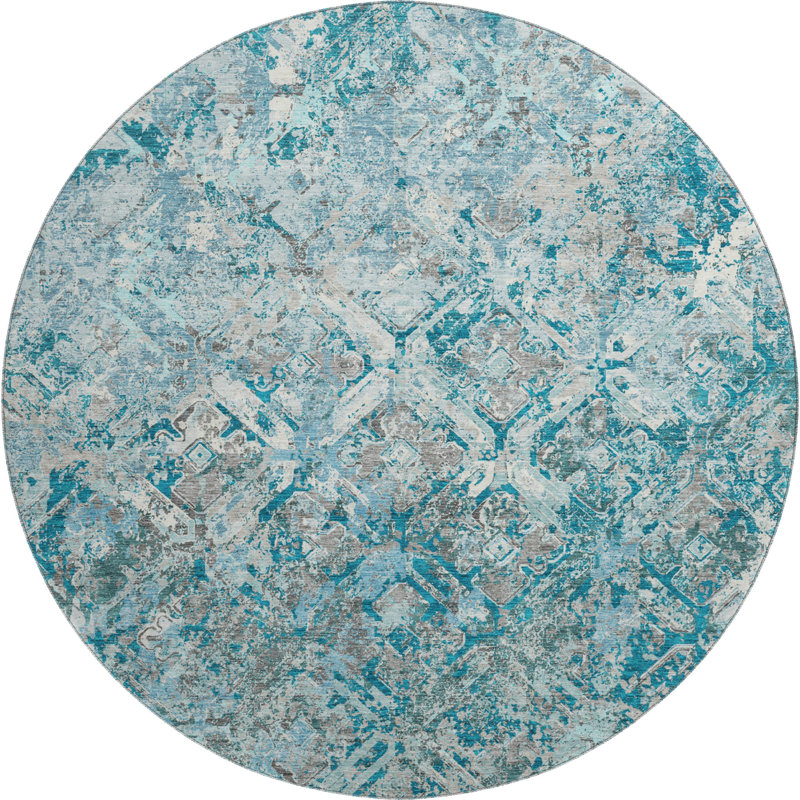 Premium Machine Washable Prisco Teal Rug, Round 8'