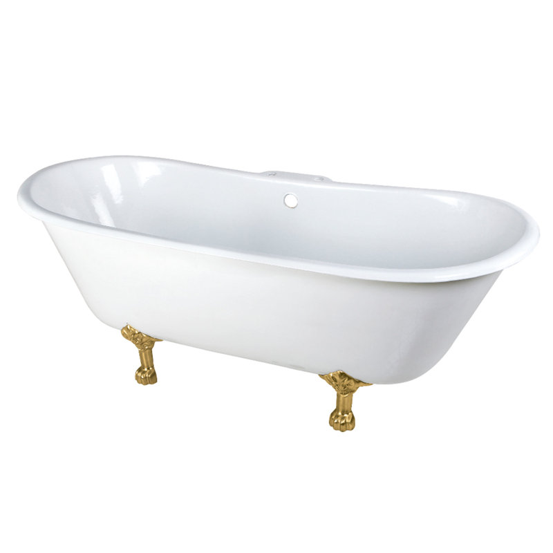 Kingston Brass Aqua Eden 67-Inch Cast Iron Oval Double Slipper Clawfoot Tub (7-Inch Faucet Drillings), Brushed Brass