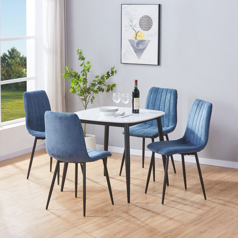  Aspen Sintered Stone Square Table with 2 Straight Stitch Upholstered Fabric Chairs - Modern Dining Set, Blue
